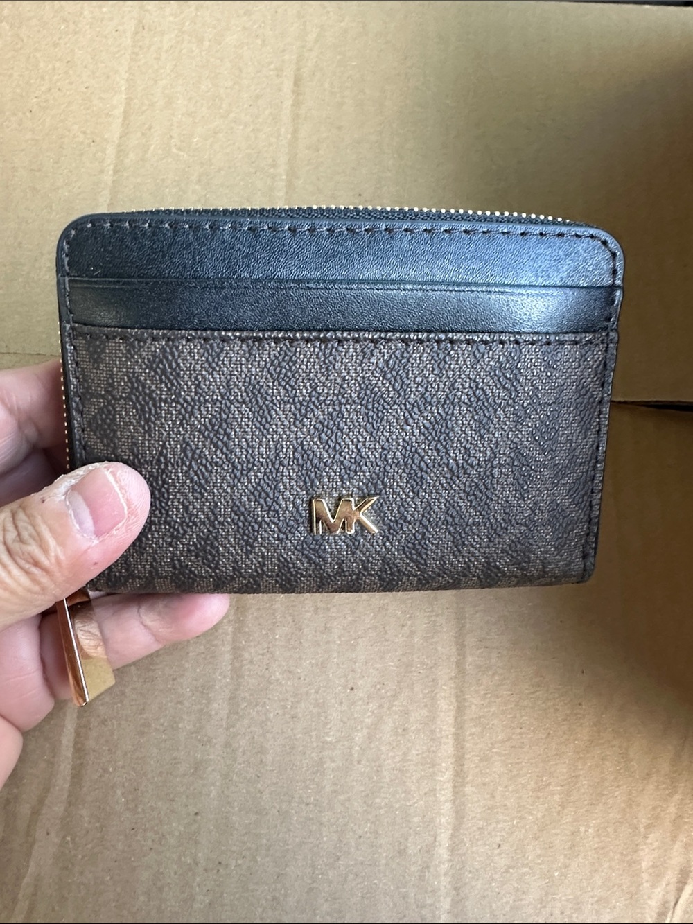 Michael Kors Brown and Black MK Logo Zip Card Holder